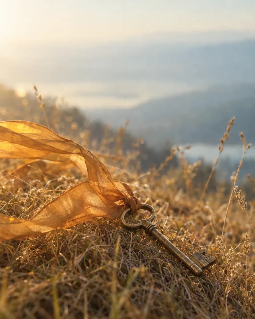 A brass key tied to an amber ribbon resting on golden grass