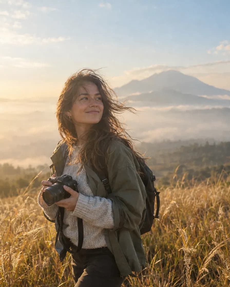 A creator holding a camera in a golden field