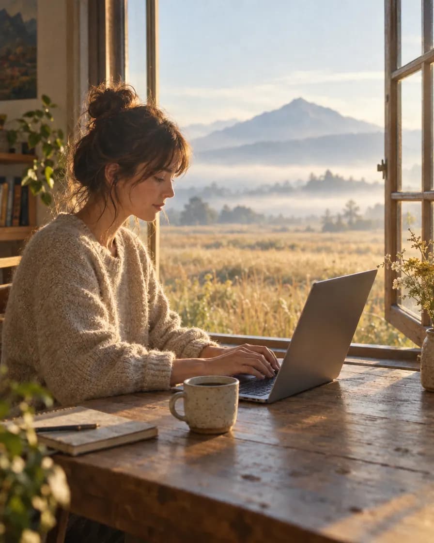 A designer working on a laptop by a window over a golden field