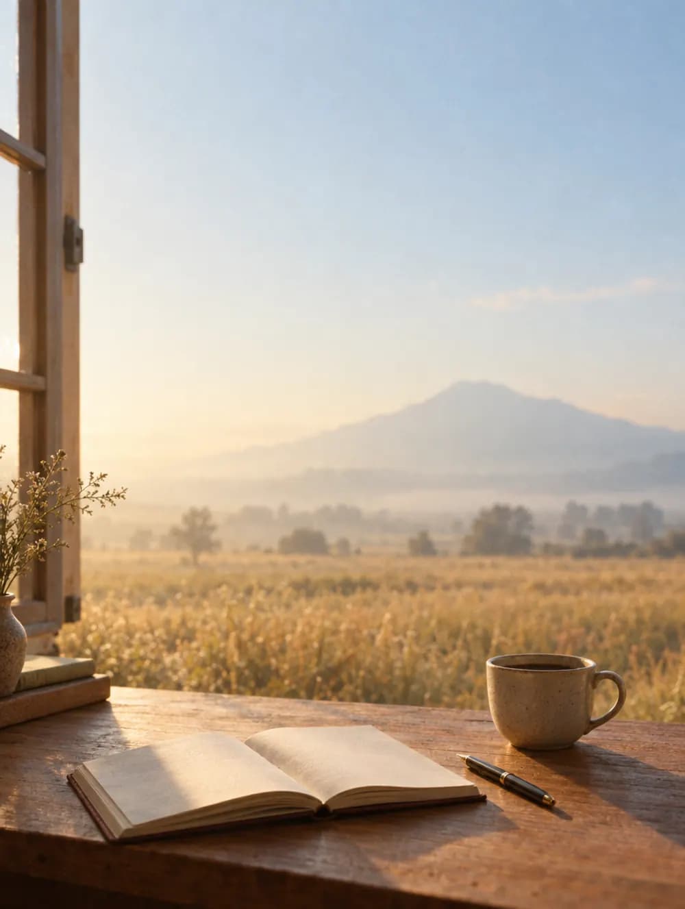 A desk by a window over a golden field with an open notebook