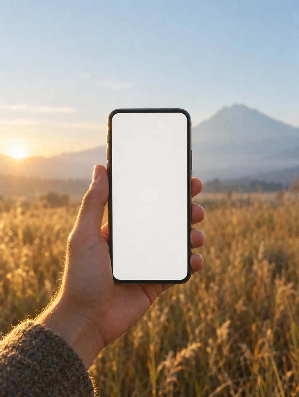A hand holding a phone in a golden field at sunrise