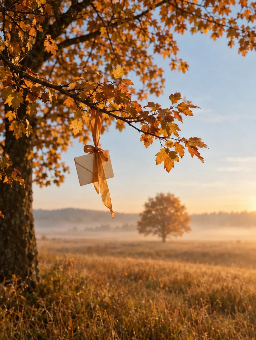 A golden tree at dawn with an envelope tied by an amber ribbon
